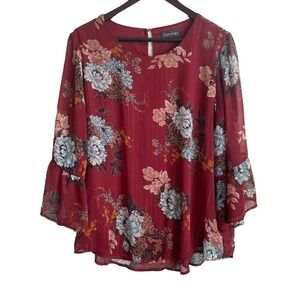 Luxology Women Cottage Top XL Burgundy Floral Bell Sleeve Peasant Boho Romantic